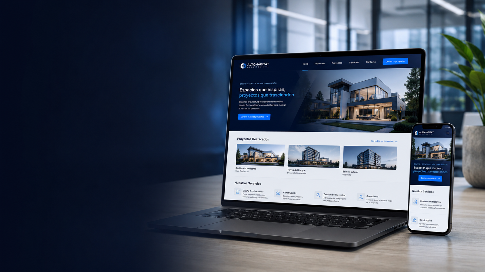 Página web corporativa presentada en una laptop y un teléfono móvil