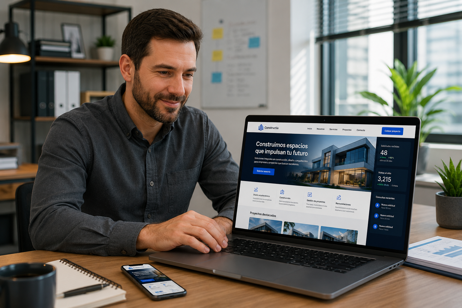 Empresario satisfecho utilizando una página web profesional