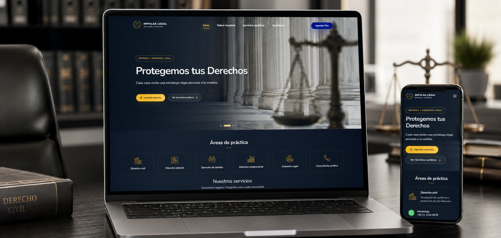 Sitio web corporativo de Impulsa Legal mostrado en una laptop y un teléfono móvil